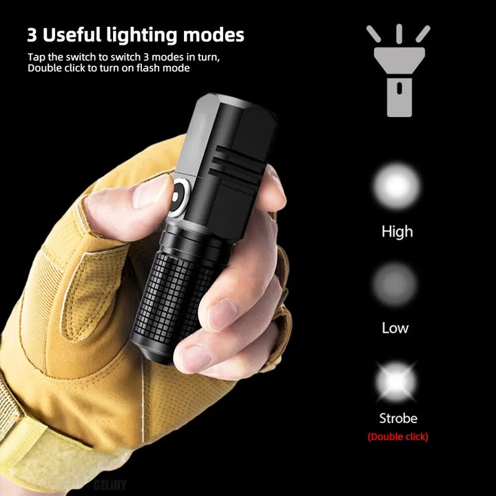 Super Bright MINI XHP50 LED Flashlight USB Torch Rechargeable Zoom Fishing Lantern Powerful 3 Lighting Mode Camping Lamp